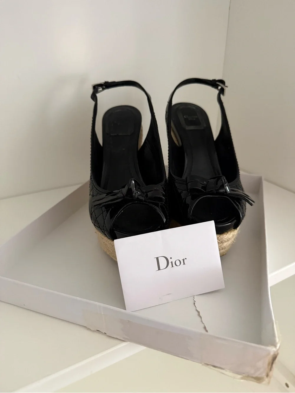 Dior Black Patent Espadrille Wedge Slingback Sandals Size 37